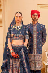 Exclusively for couple combo Blue  designer outfit in pure pv silk and foil print with detailed hand mirror work